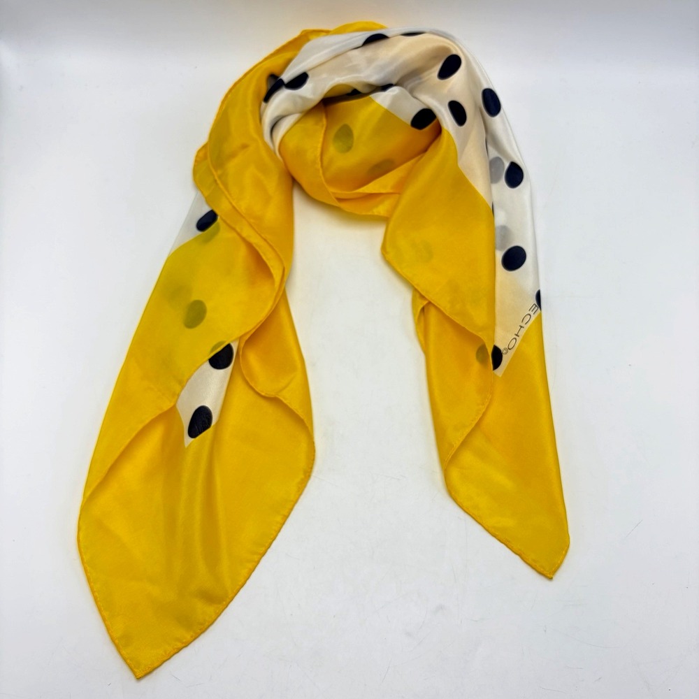 Echo Scarf Silk Womens Yellow Navy Blue Polka Dot MCM Nautical Beachy Square